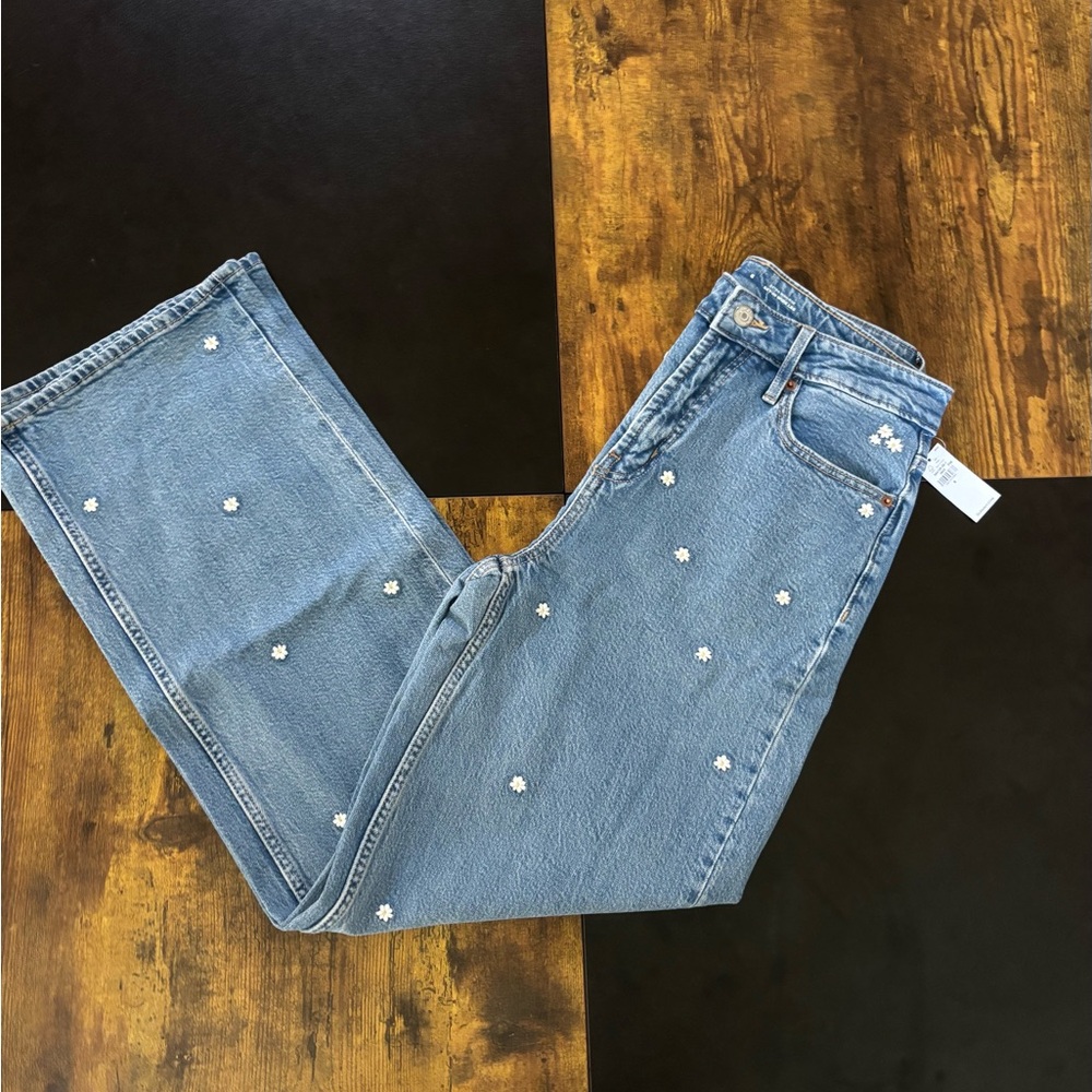 NWT- Old Navy Light Blue Wide Leg Jeans with White Floral Accents